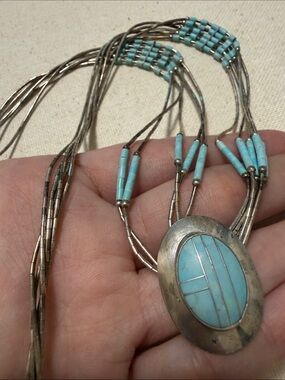 Navajo Native Sterling Silver Turquoise Inlay Multi-Strand Necklace 23’